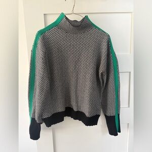 Black and White Zigzag Knit funnel neck Sweater with Green Stripe
